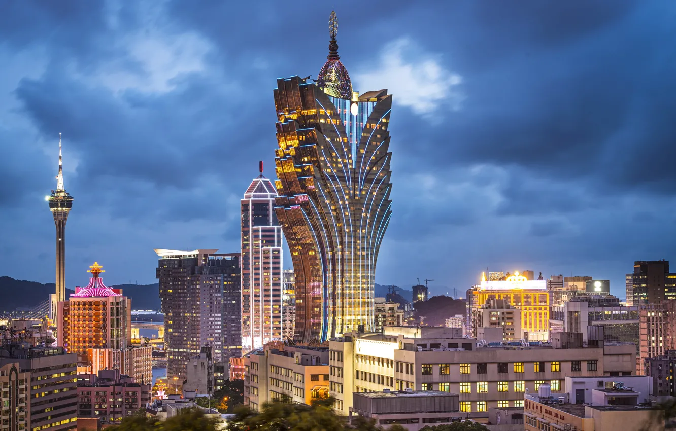 Photo wallpaper night, the city, lights, Macau, The Grand Lisboa Hotel, Hotel Grand Lisboa