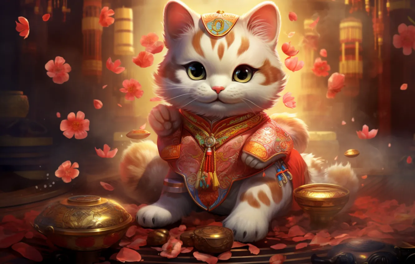 Photo wallpaper cat, pose, pussy, face, Asian style, AI art, neural network