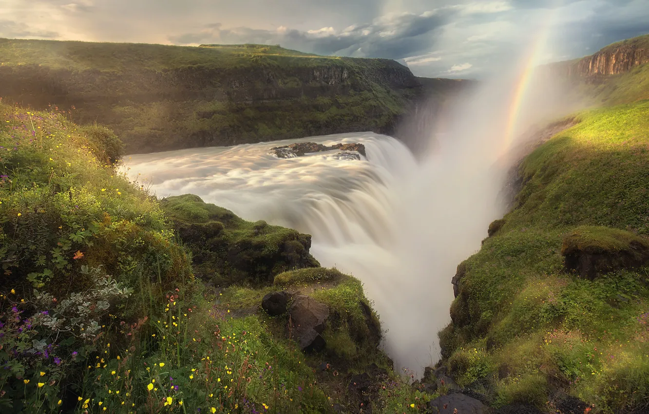Photo wallpaper landscape, mountains, nature, waterfall, rainbow, cleft, Iceland, Michaluk Sergey