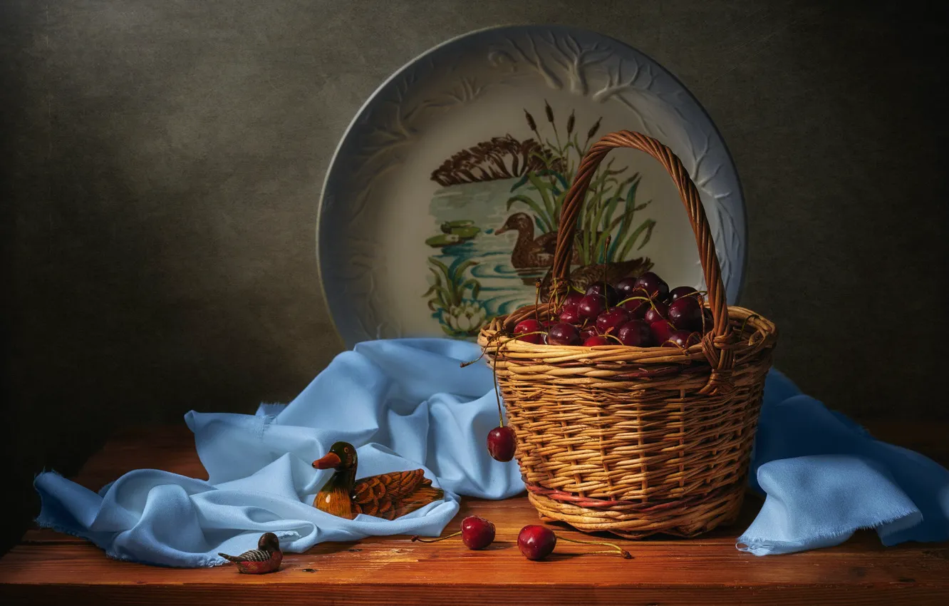 Photo wallpaper cherry, berries, the dark background, table, food, harvest, plate, dishes