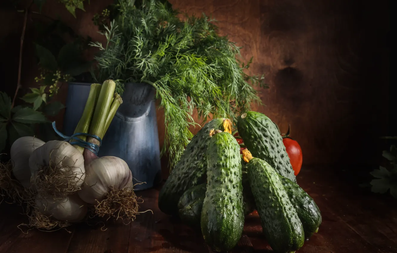 Photo wallpaper dill, still life, cucumbers, garlic
