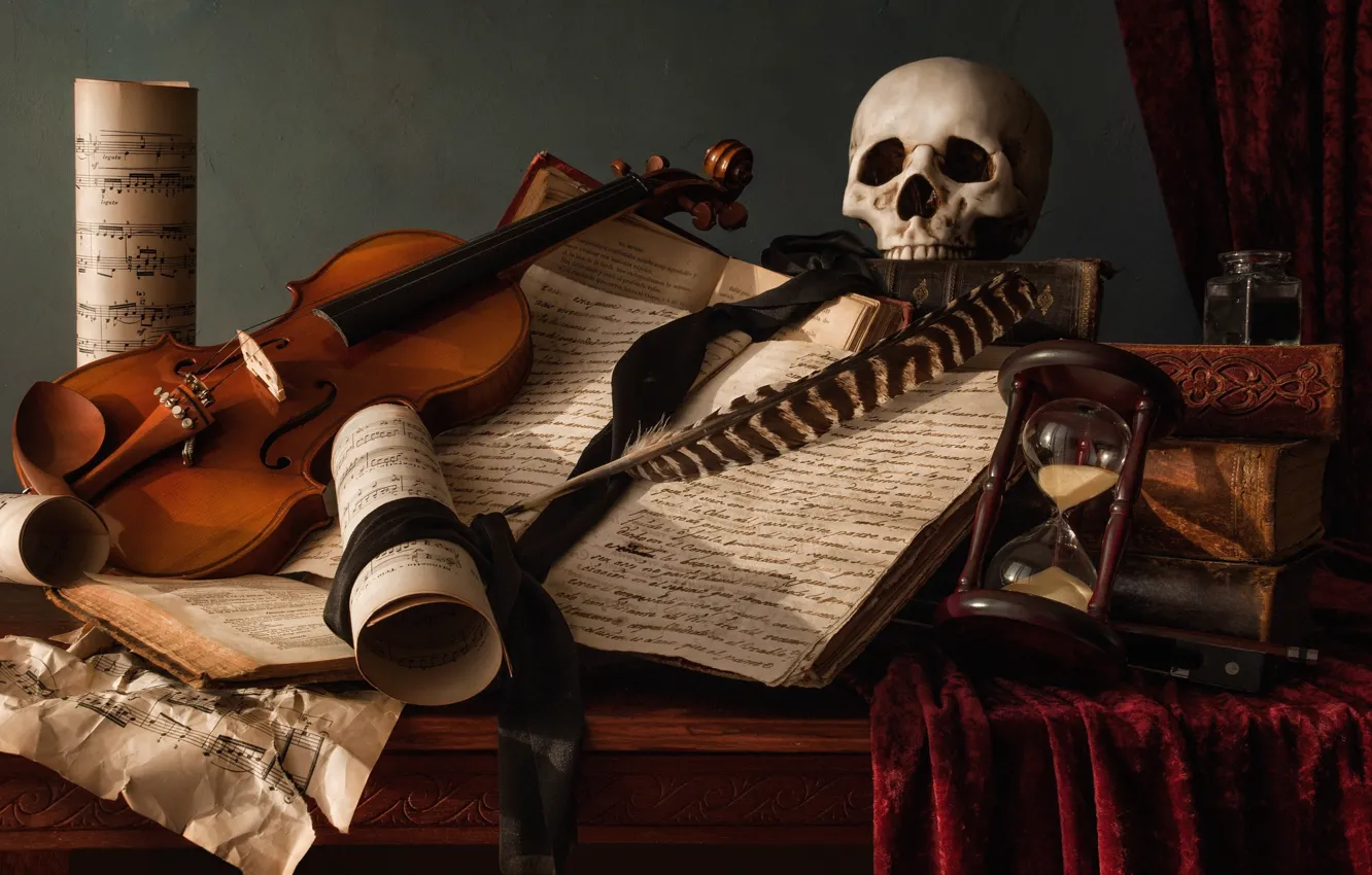 Photo wallpaper notes, violin, skull, feathers, book, still life, hourglass, the manuscript