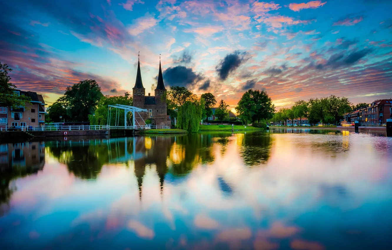 Photo wallpaper the sky, the sun, clouds, trees, sunset, river, home, Netherlands