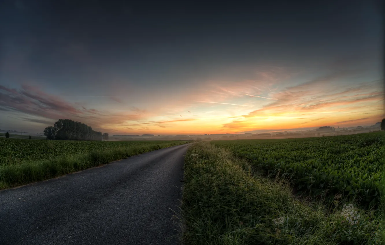 Photo wallpaper road, greens, HDR, colors, road, field, landscape, blue
