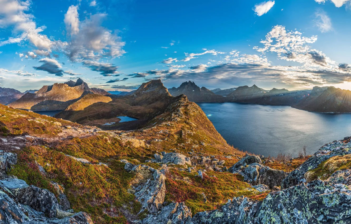 Photo wallpaper the sky, the sun, clouds, rays, mountains, stones, rocks, Norway