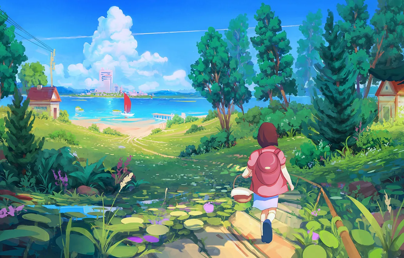 Photo wallpaper landscape, children, girl