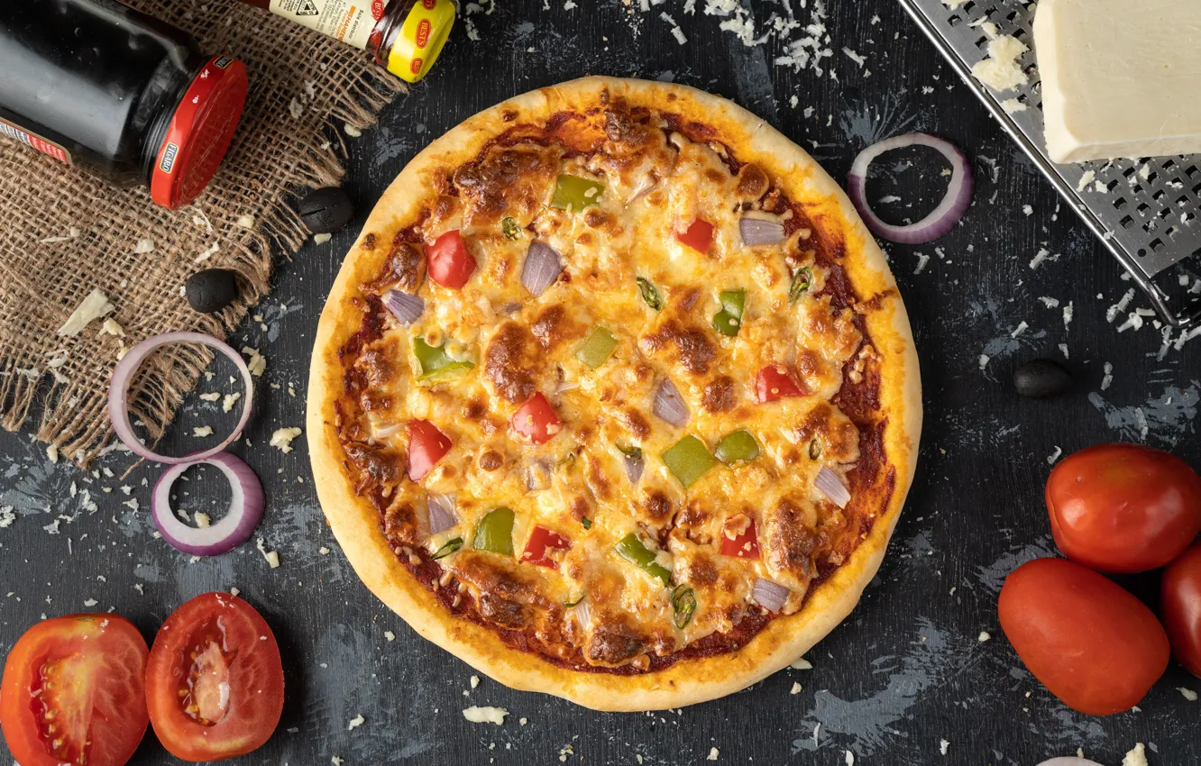 Photo wallpaper food, cheese, bow, Bank, fabric, pizza, tomatoes, tomatoes