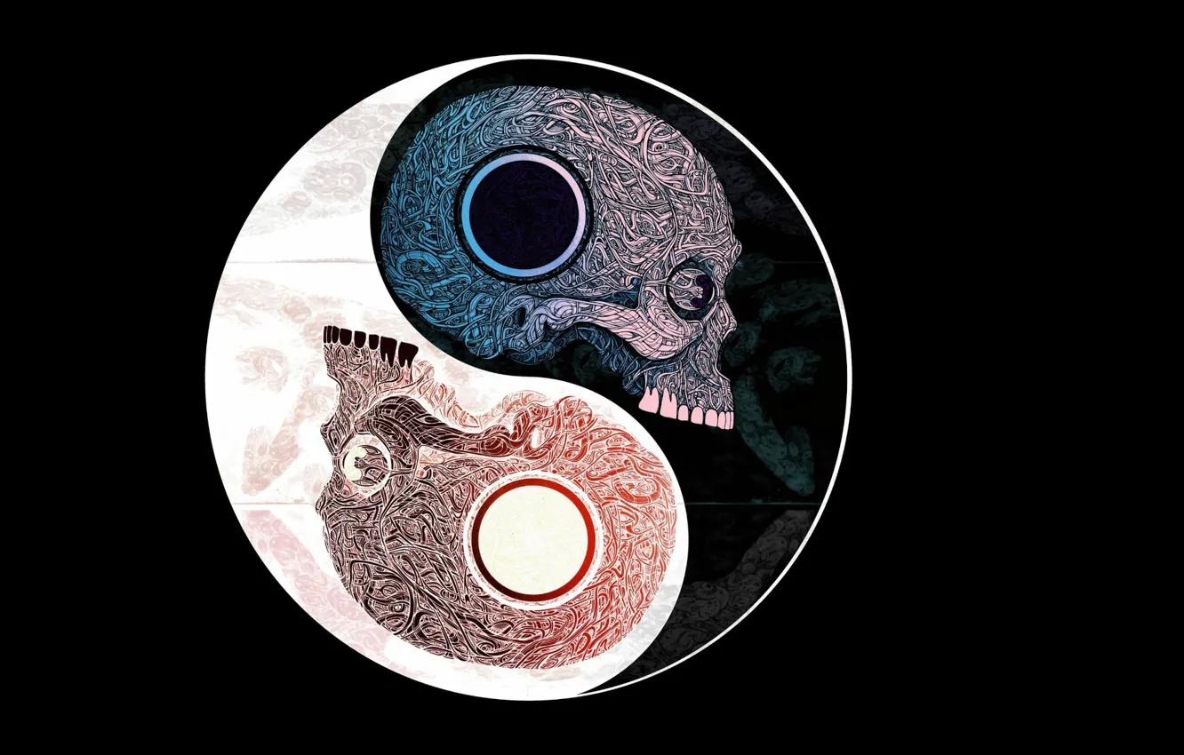 Photo wallpaper figure, skull, symbol, sake, black background, symbol, Yin and Yang, black background