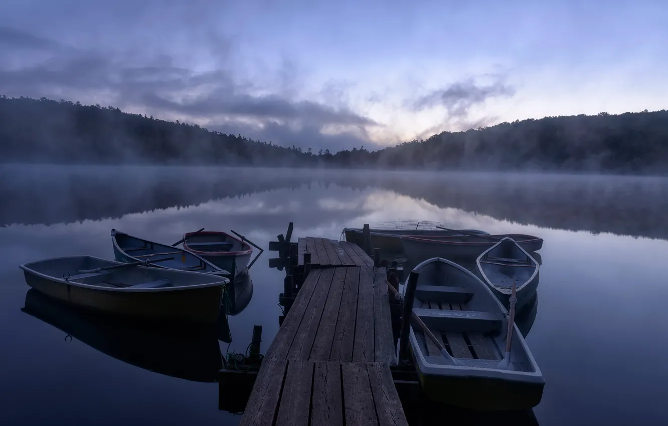 Photo wallpaper lake, boat, morning, pier