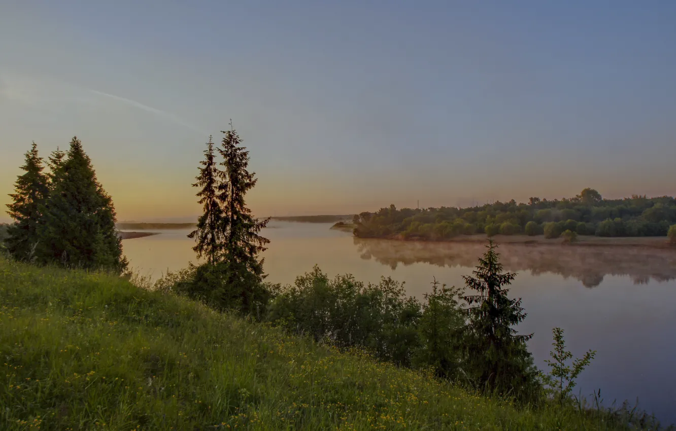 Photo wallpaper fog, river, sunrise, morning