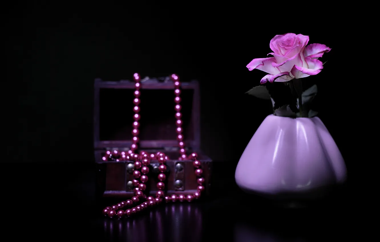 Photo wallpaper flower, macro, darkness, Shine, rose, box, beads, vase