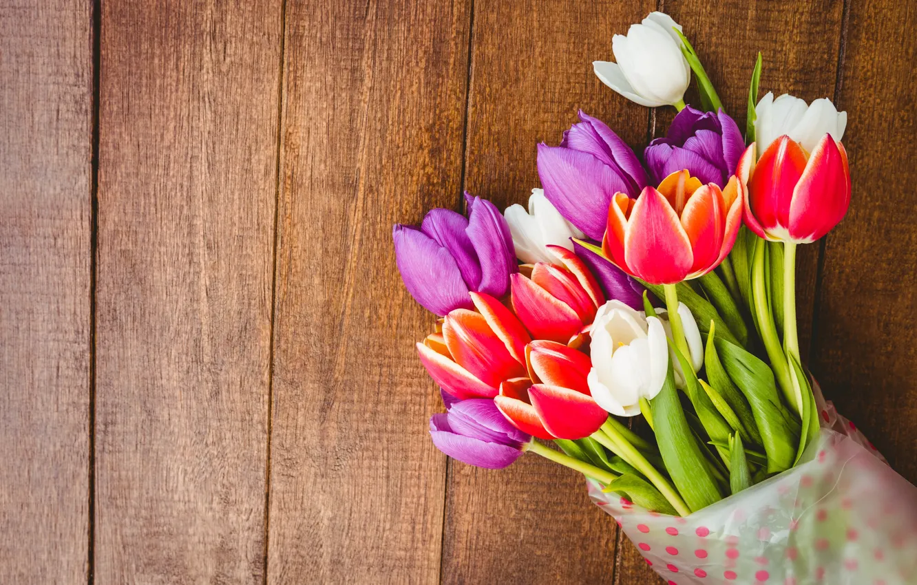 Photo wallpaper flowers, bouquet, colorful, tulips, red, white, wood, flowers