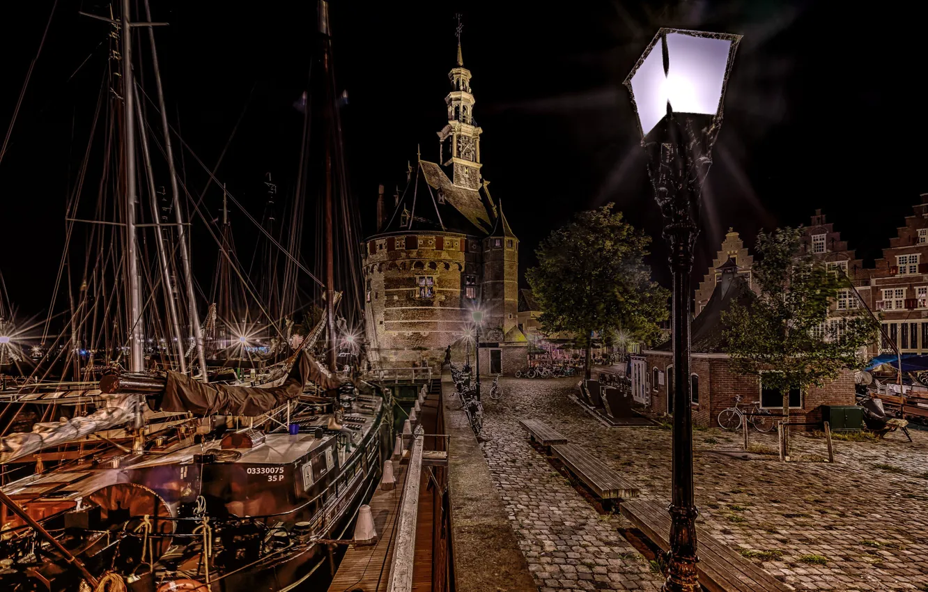 Photo wallpaper night, lights, ship, Marina, Amsterdam, Netherlands, The Old Harbour