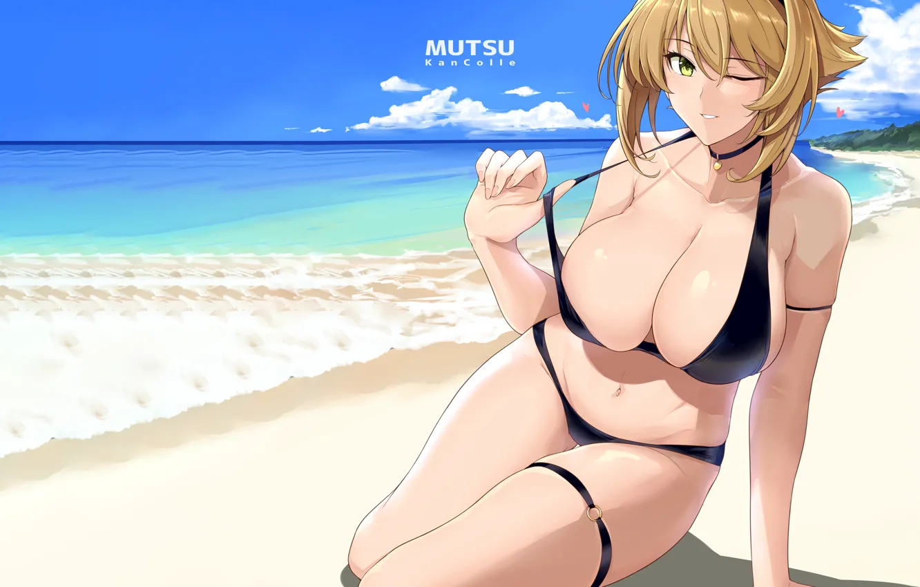 Photo wallpaper girl, sexy, cleavage, beach, sea, boobs, anime, beautiful