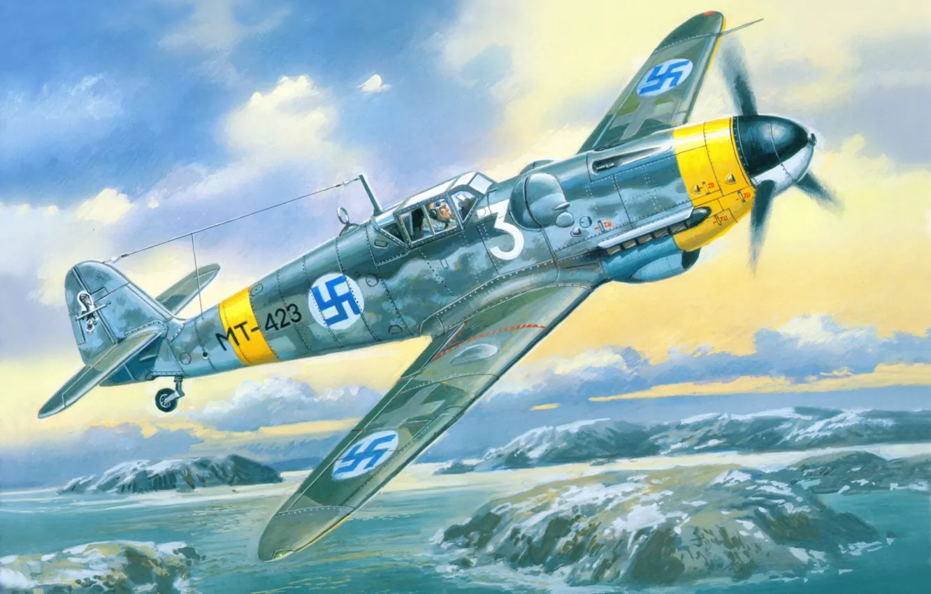 Photo wallpaper the sky, war, fighter, Art, Messerschmitt, German, piston, single-engine
