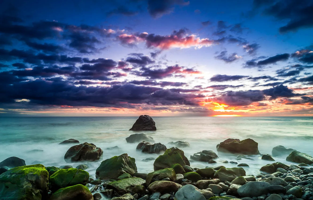 Photo wallpaper sea, the sky, sunset, clouds, stones