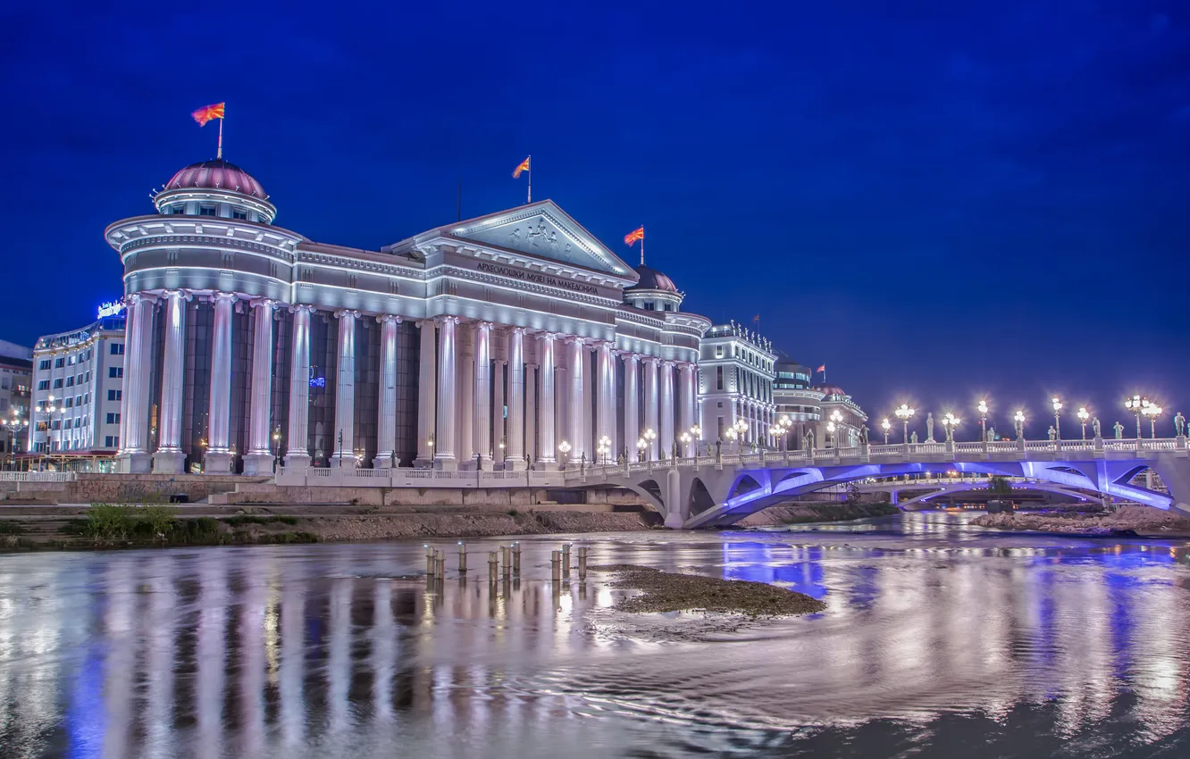 Photo wallpaper night, bridge, lights, river, Parliament, Macedonia, Skopje, Vardar