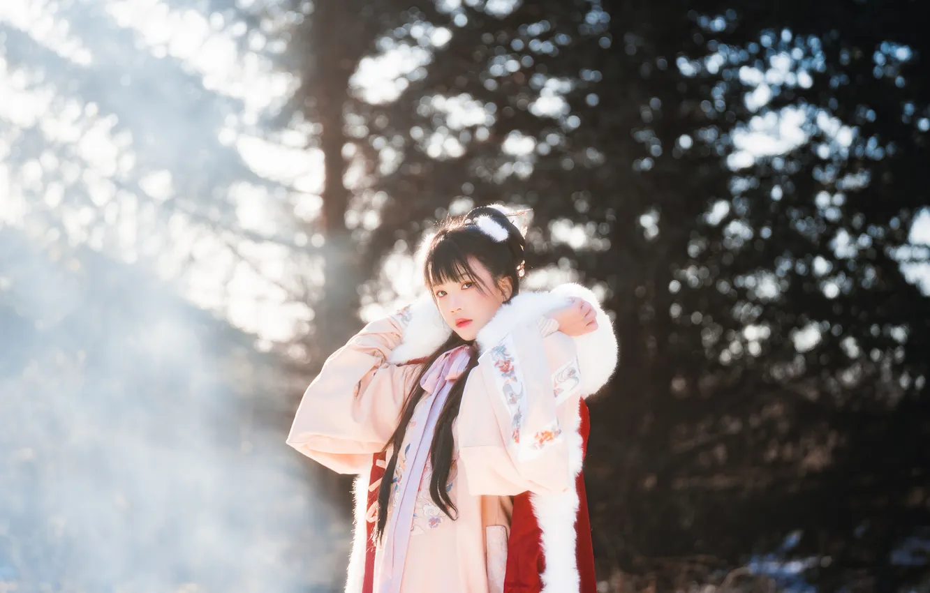 Photo wallpaper trees, woman, beautiful, winter, snow, model, pretty, coat