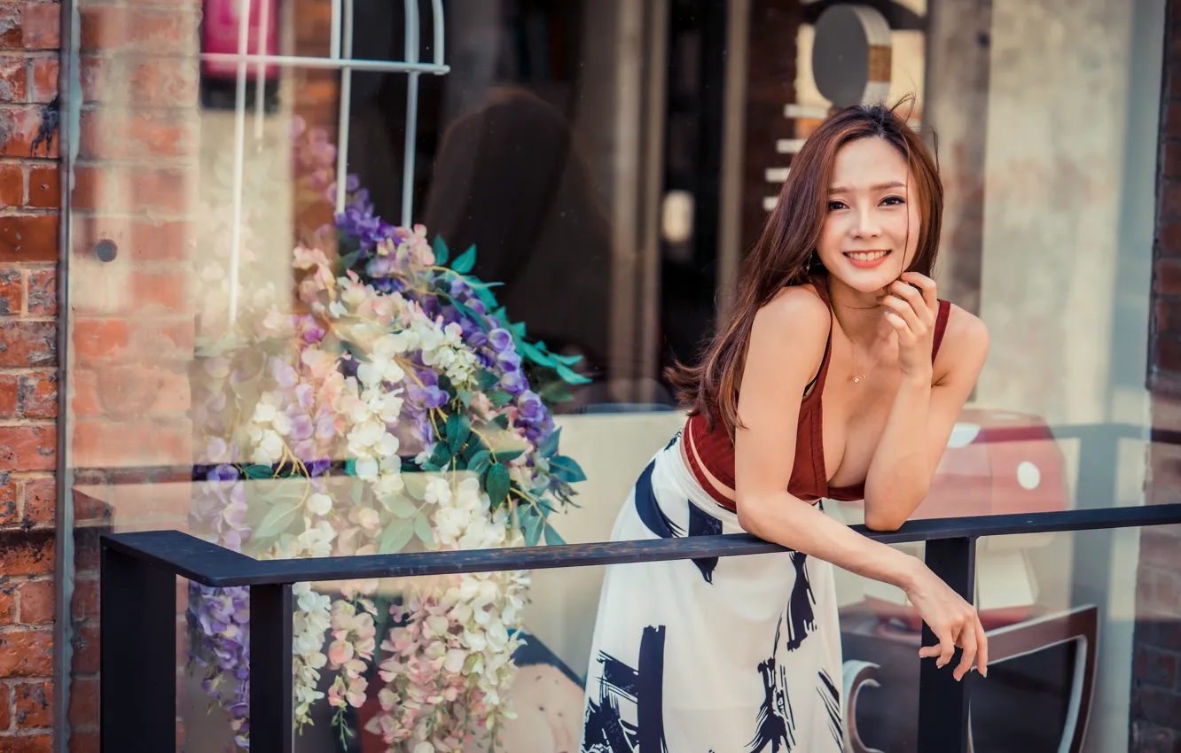 Photo wallpaper girl, skirt, neckline, brown hair, topic, Asian, bokeh
