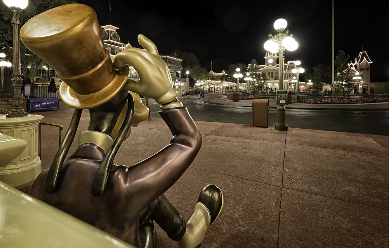 Photo wallpaper street, hat, lights, Disneyland, photo, photographer, cylinder, Disneyland