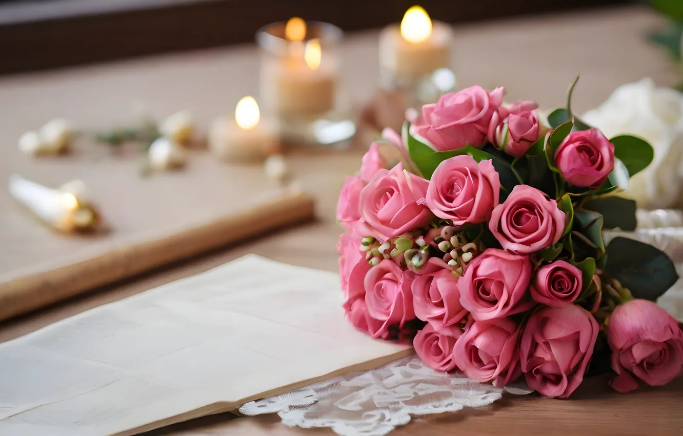 Photo wallpaper flowers, roses, bouquet, pink, AI art, neural network