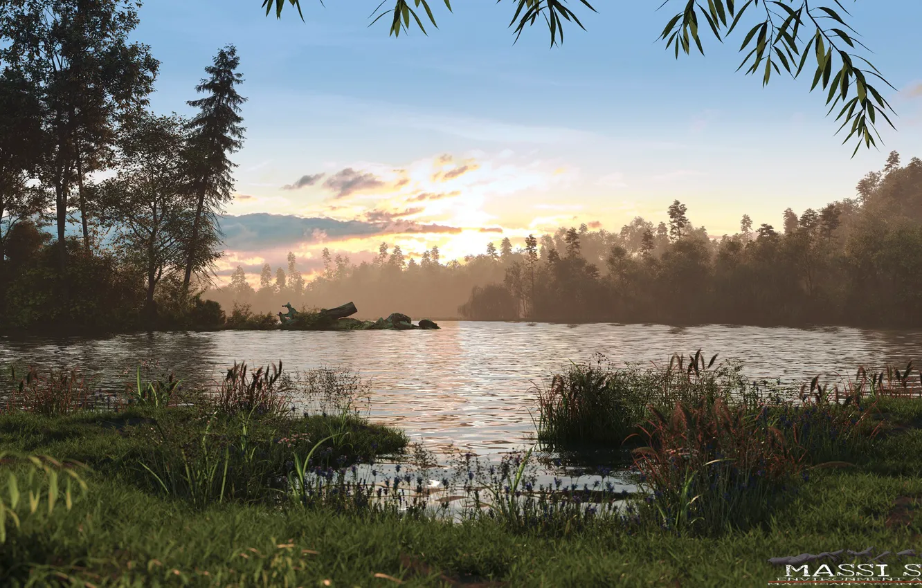 Photo wallpaper nature, shore, vegetation, pond, Lakeside