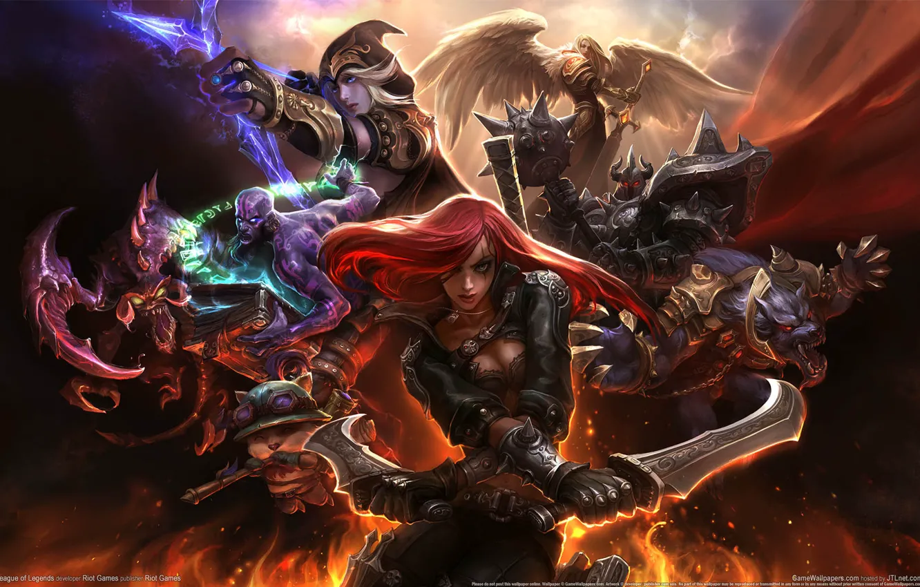 Photo wallpaper weapons, fire, magic, wings, monster, warrior, armor, League of Legends