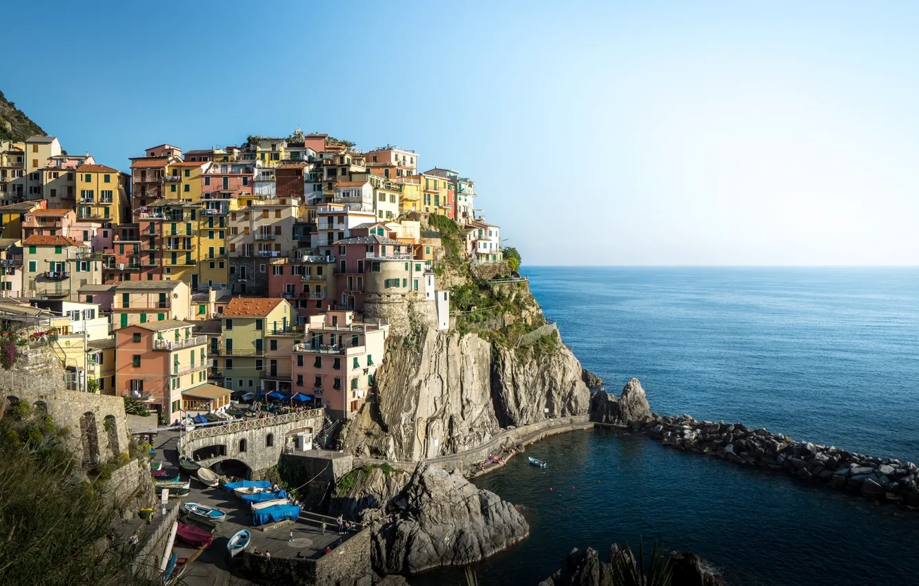 Photo wallpaper sea, landscape, rocks, coast, building, Italy, Italy, The Ligurian sea