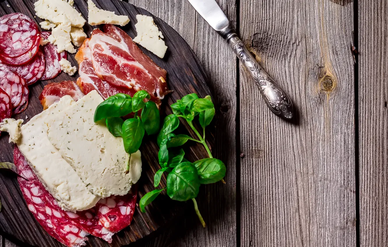 Photo wallpaper cheese, meat, sausage, cutting, Basil