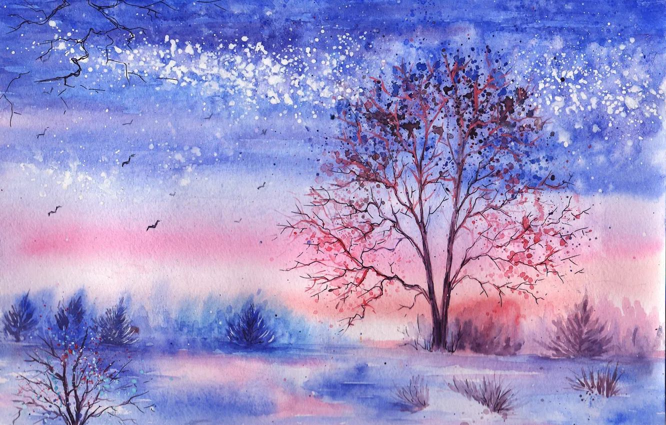 Photo wallpaper winter, grass, trees, birds, lake, watercolor, the bushes, painted landscape