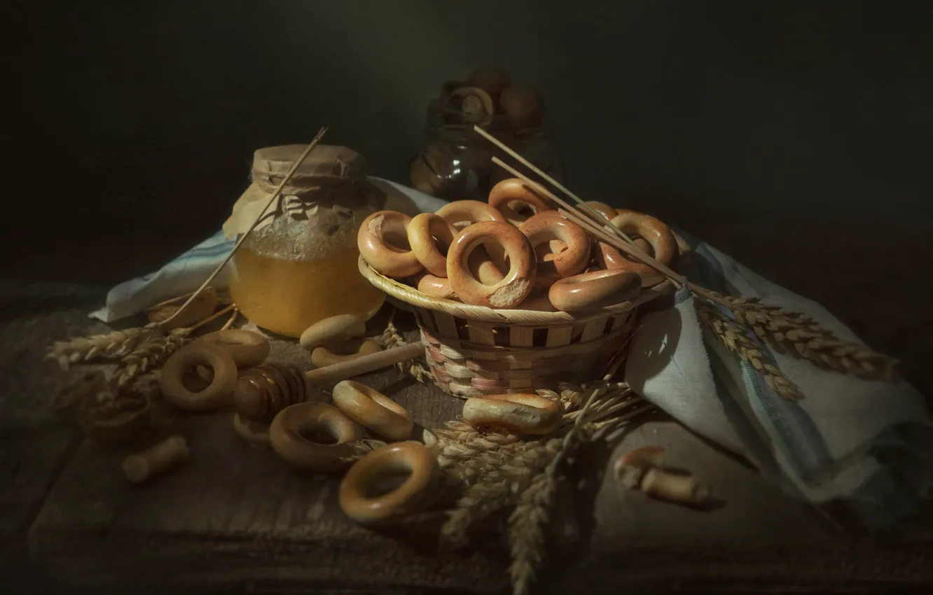 Photo wallpaper wheat, light, the dark background, Board, towel, honey, Bank, ears