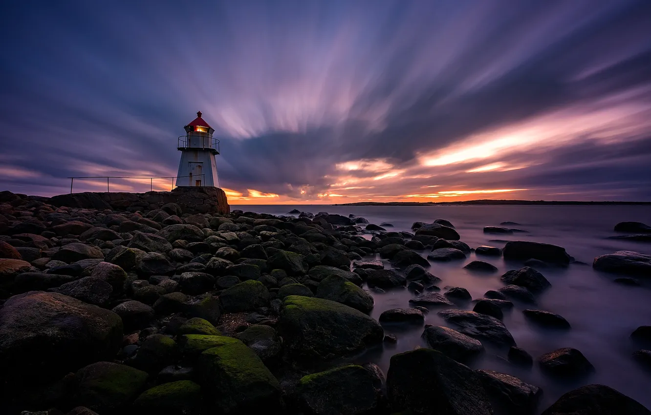 Photo wallpaper sunset, coast, lighthouse, the evening, Norway