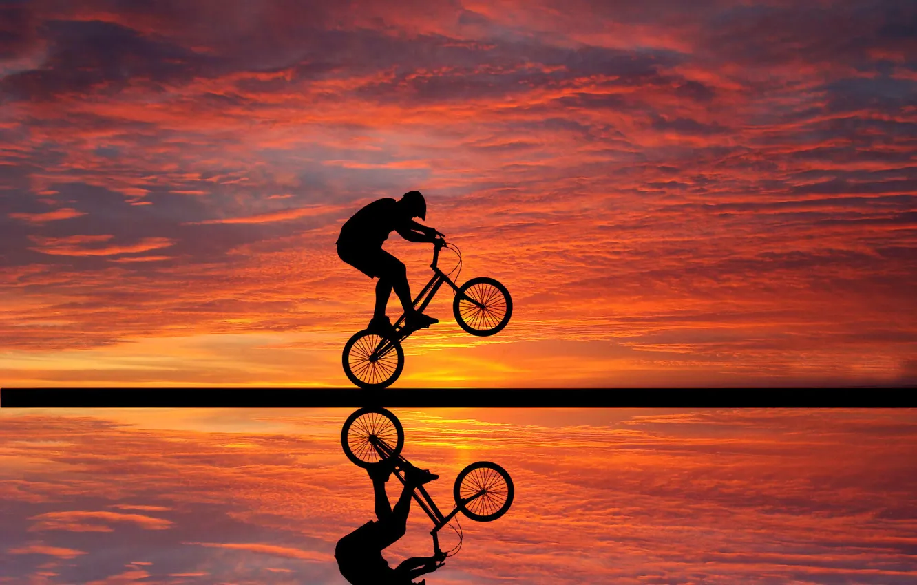 Photo wallpaper clouds, sunset, reflection, cyclist