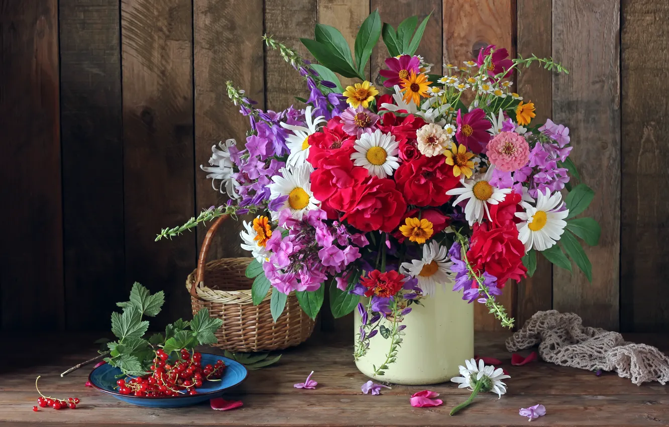 Photo wallpaper autumn, flowers, berries, bouquet, colorful, still life, currants, flowers