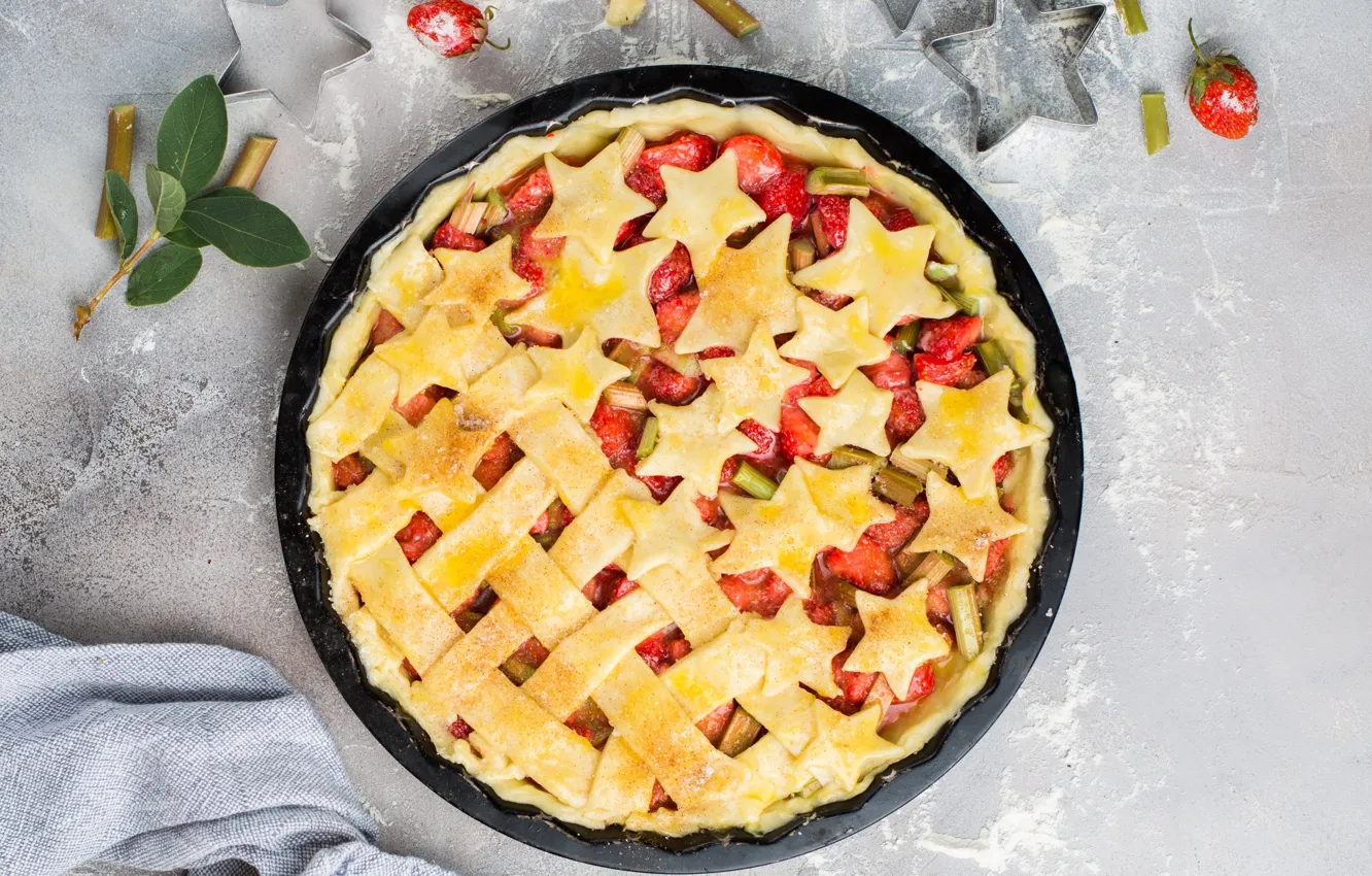 Photo wallpaper leaves, berries, food, strawberry, pie, fabric, form, stars