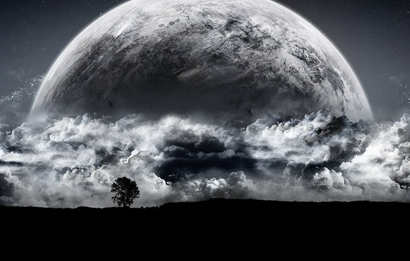 Photo wallpaper clouds, tree, planet