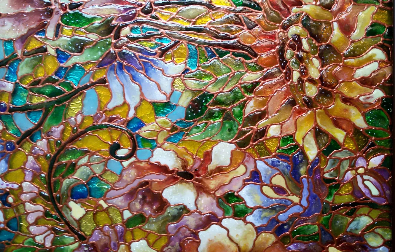 Photo wallpaper abstraction, texture, colors, reflections of light, casting, floral pattern, stained glass, sparkle glass