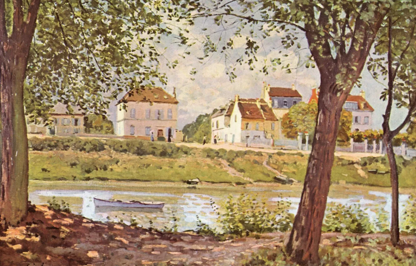 Photo wallpaper picture, painting, painting, Alfred Sisley, 1872, Village on the banks of the Seine