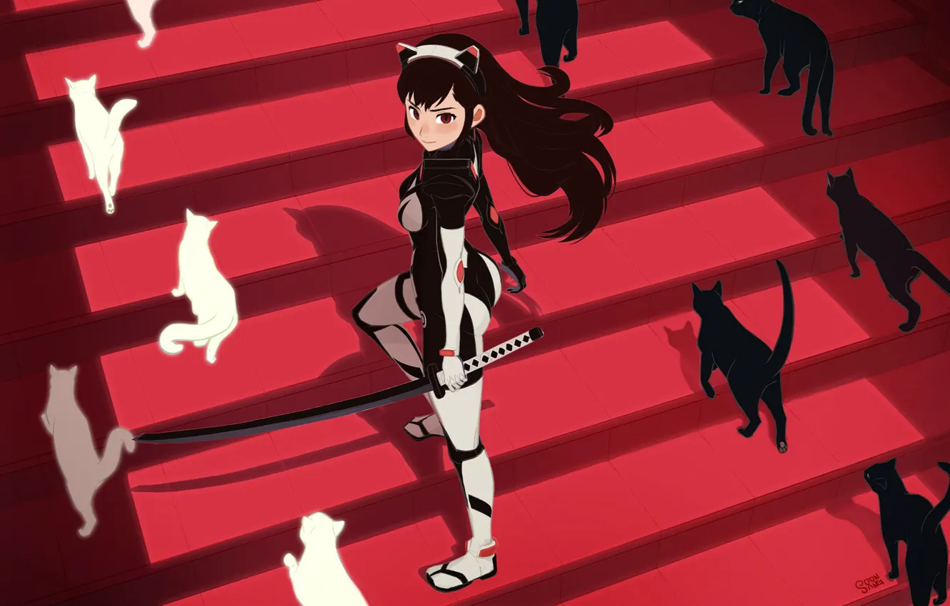 Photo wallpaper girl, shadow, katana, ladder, stage, jumpsuit, long hair, art