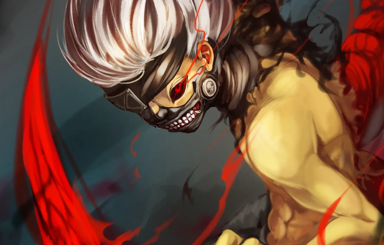 Photo wallpaper red, eyes, castle, mask, art, guy, Tokyo Ghoul, Ken Kanek