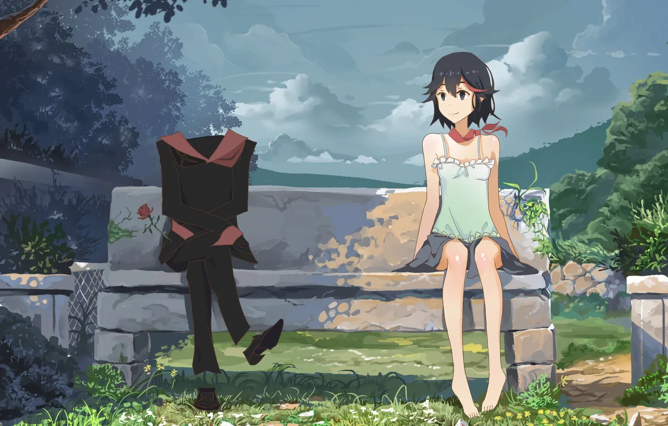 Photo wallpaper girl, trees, flowers, bench, smile, art, matoi ryuuko, Ylpylf