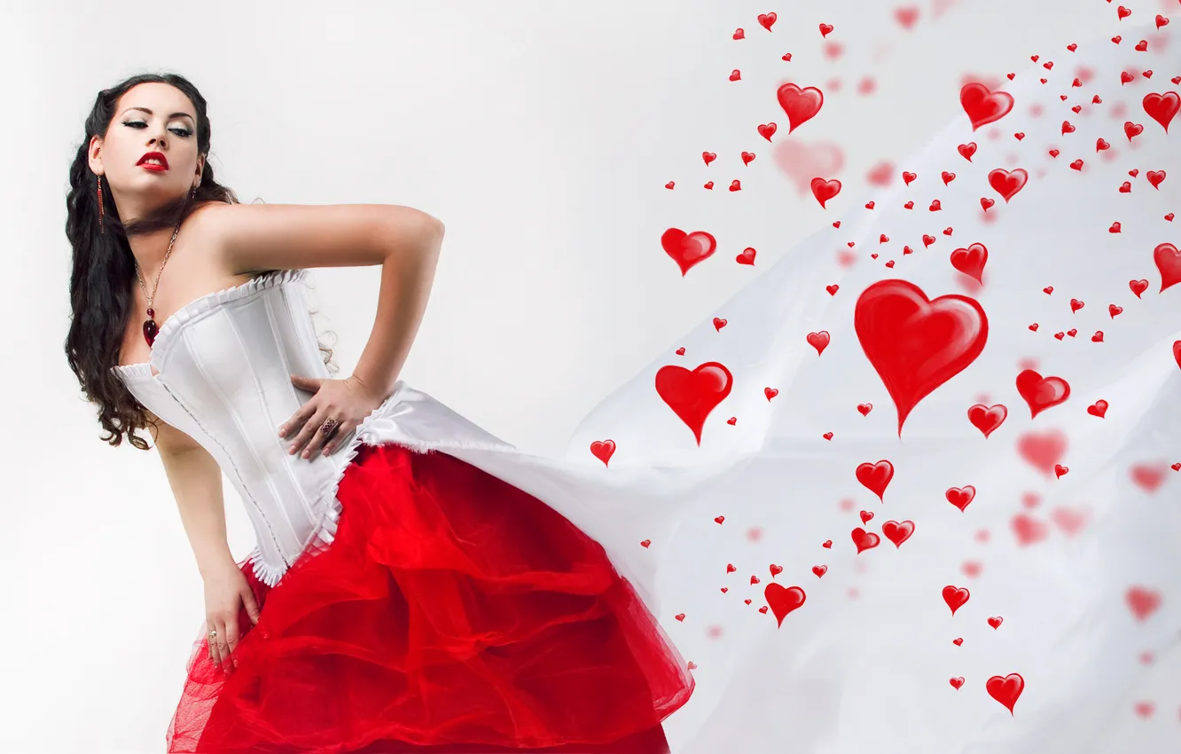Photo wallpaper white, girl, red, emotions, bright, heart, feelings, widescreen Wallpaper