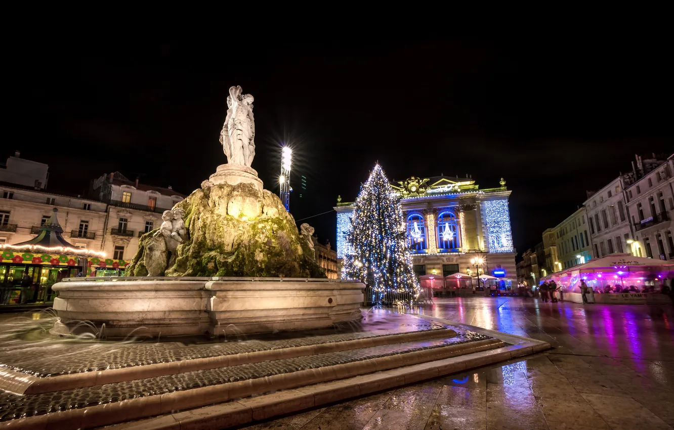 Photo wallpaper night, lights, holiday, France, tree, Christmas, fountain, Montpellier