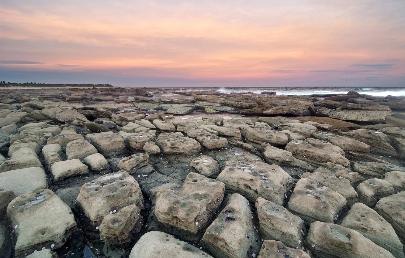 Photo wallpaper sea, landscape, sunset, stones