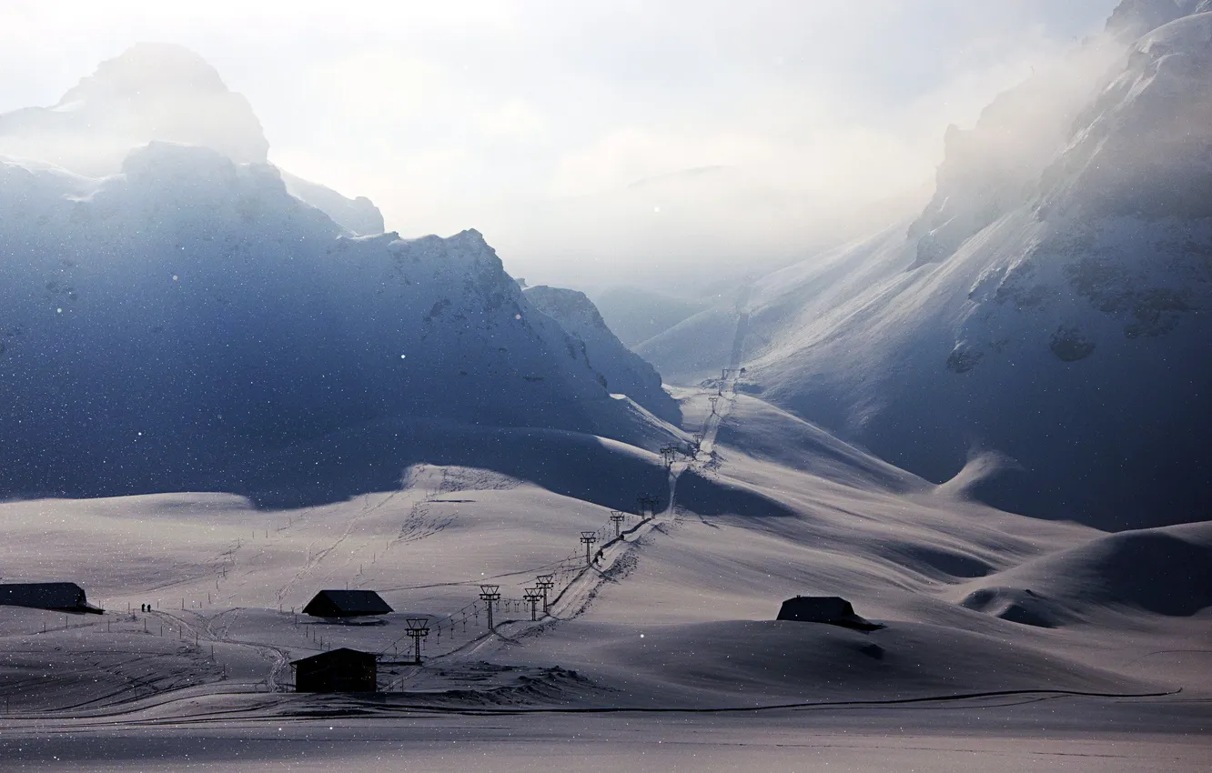 Photo wallpaper winter, road, snow, landscape, mountains, home