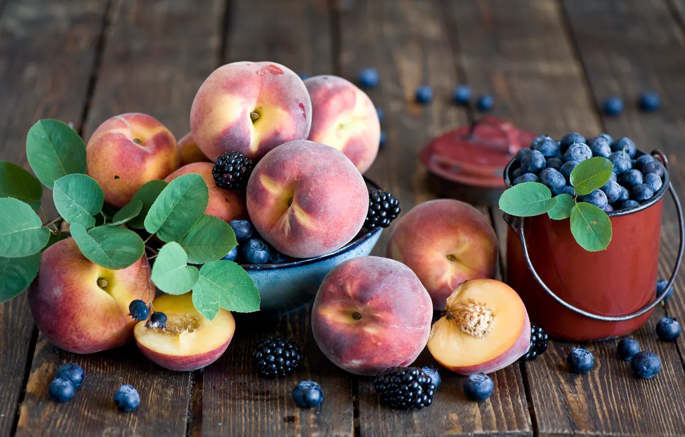 Photo wallpaper berries, fruit, peaches, BlackBerry, blueberries, bucket