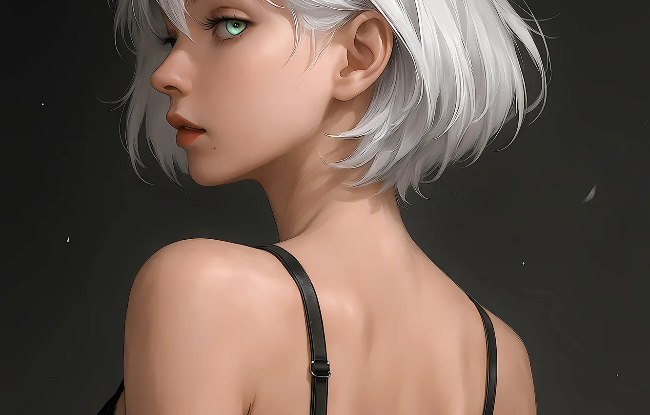 Photo wallpaper Girl, green eyes, dress, short hair, digital art, artwork, black dress, white hair