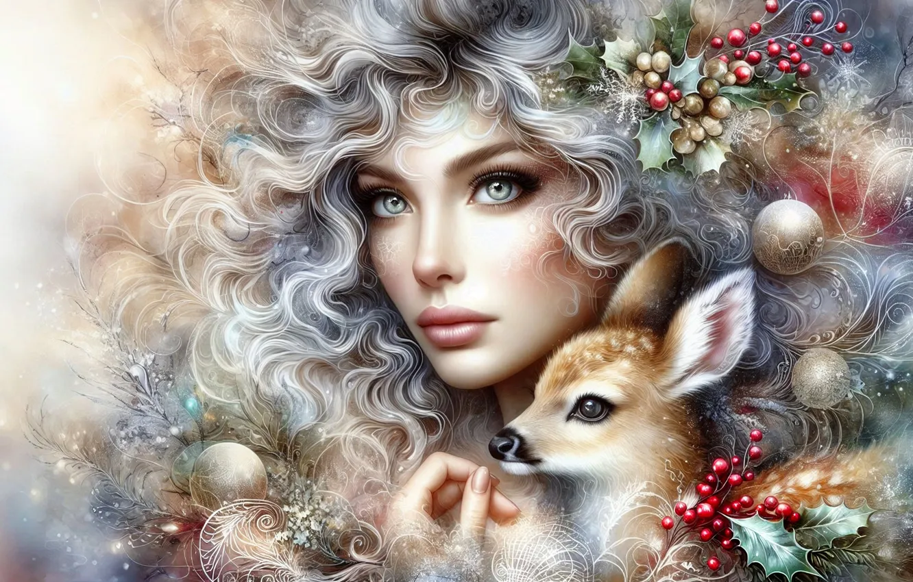 Photo wallpaper look, leaves, girl, balls, berries, patterns, portrait, deer