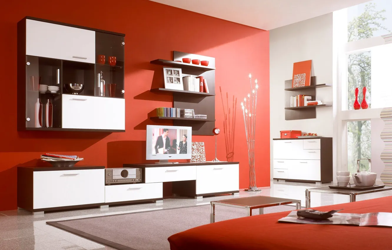 Photo wallpaper red, bright, design, style, room, interior, apartment, shelves