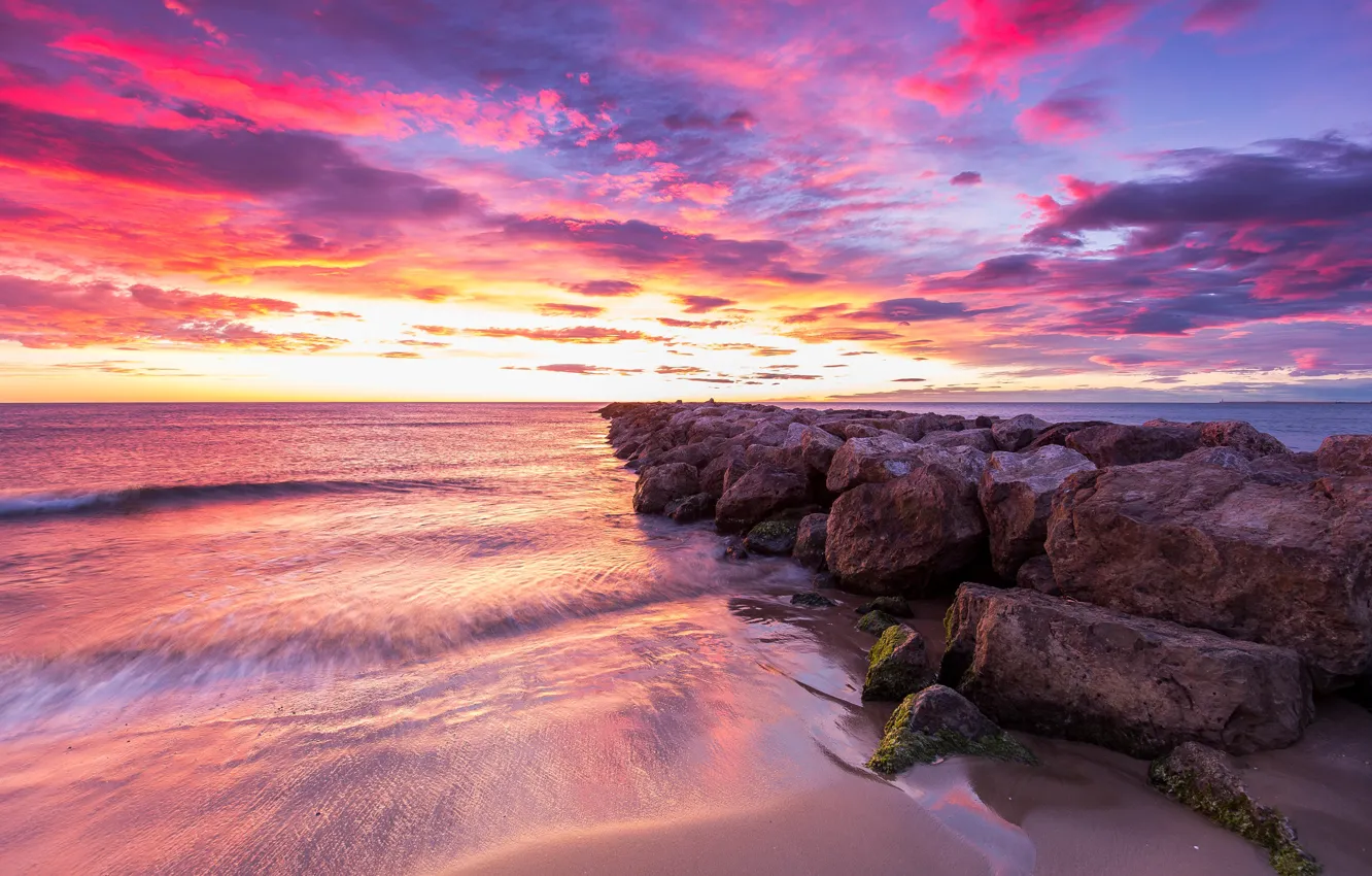 Photo wallpaper sea, clouds, glow, Spain, Valencia